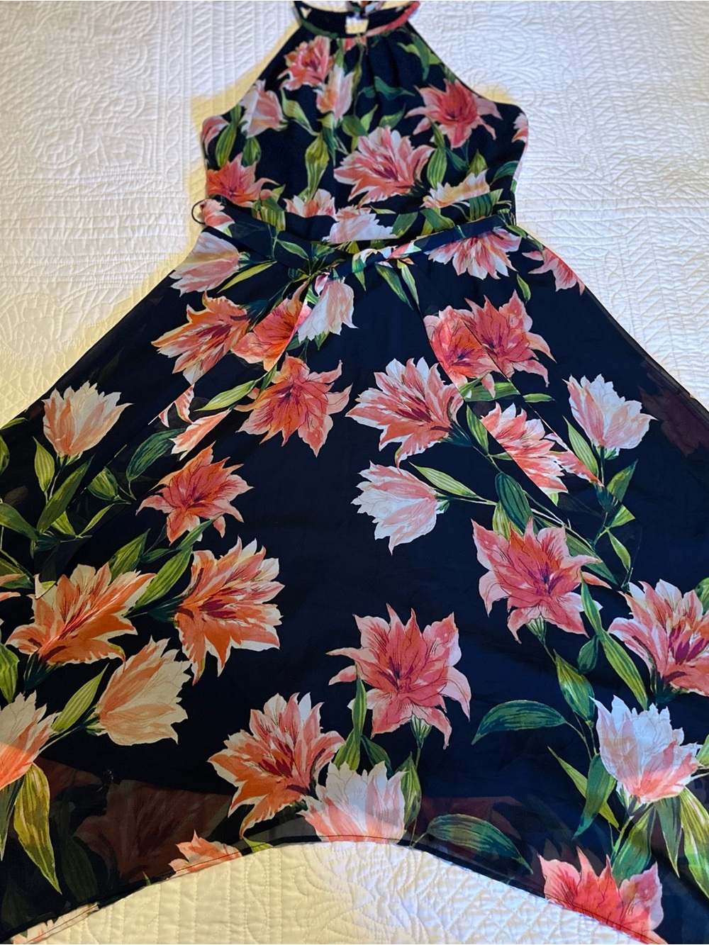 Eliza J Navy Blue Halter Floral handkerchief Dress in Coral and Green - Picture 5 of 12